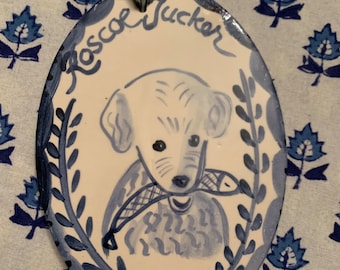 Dog ornament, ceramic ornament, Dog Portrait, blue and White