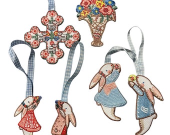Embroidered Easter Ornaments, Embroidered Cross, Decorative Cross with Sheep and Flowers, Easter Bunny ornaments