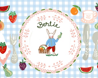 Blue Gingham Bunny and Fruit Laminated Placemat,Table Decor , personalized