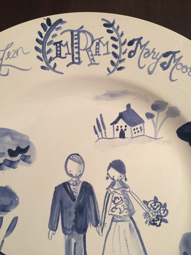 Custom Wedding Plate, Gift for Newly Weds ,Handpainted ,Blue and White Wedding Plate image 2