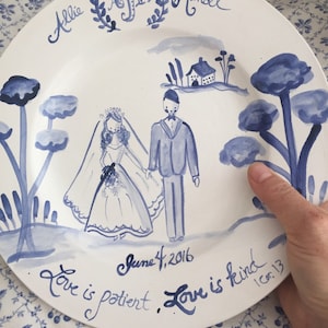 Custom Wedding Plate, Gift for Newly Weds ,Handpainted ,Blue and White Wedding Plate image 4