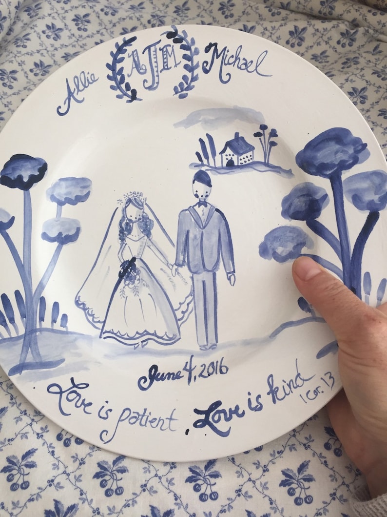 Custom Wedding Plate, Gift for Newly Weds ,Handpainted ,Blue and White Wedding Plate image 4