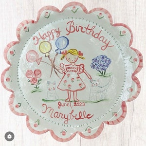 Marybelle Scalloped Birthday Plate, Childs Ceramic 10" Family Birthday Dinner Plate, Handpainted Plate, Personalized