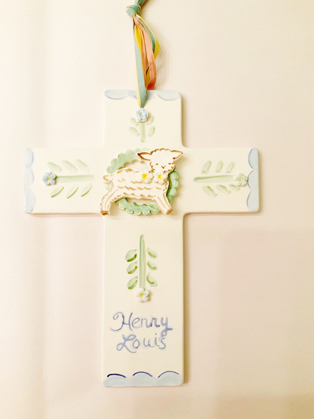 Ceramic Cross Wreath With Lamb,cradle Cross, Ceramic Christening Gift