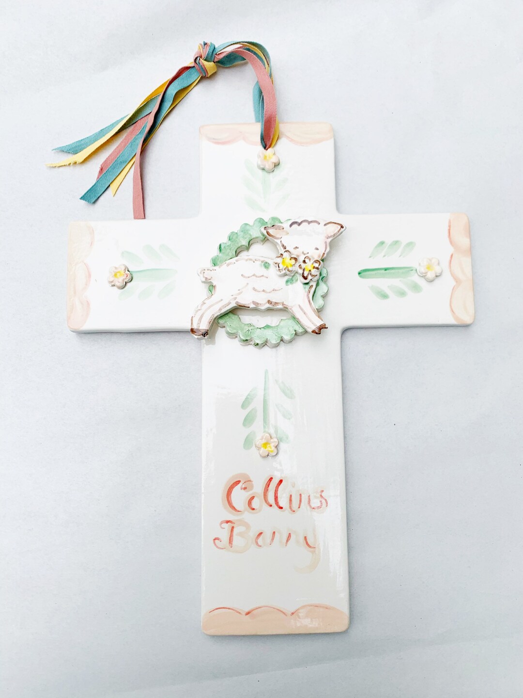 Ceramic Cross ,floral Wreath With Lamb ,cradle Cross, Ceramic