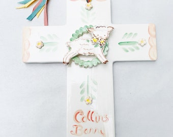 Ceramic Cross ,Wreath with Lamb ,cradle Cross, ceramic  Christening Gift, Baptism Gift