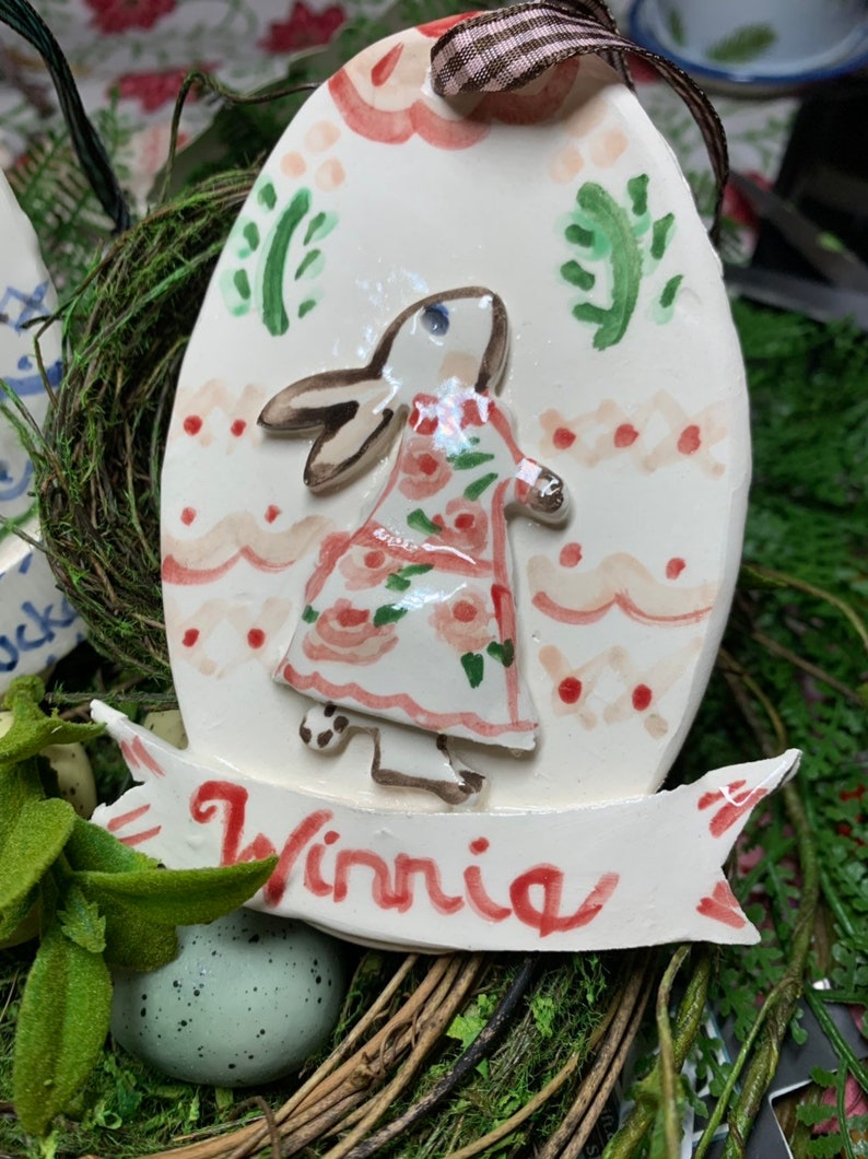 Easter Ornament, Bunny on Egg handmade , Gift for Kids , Personalized Easter Ornaments, Made From Fired Clay, image 4