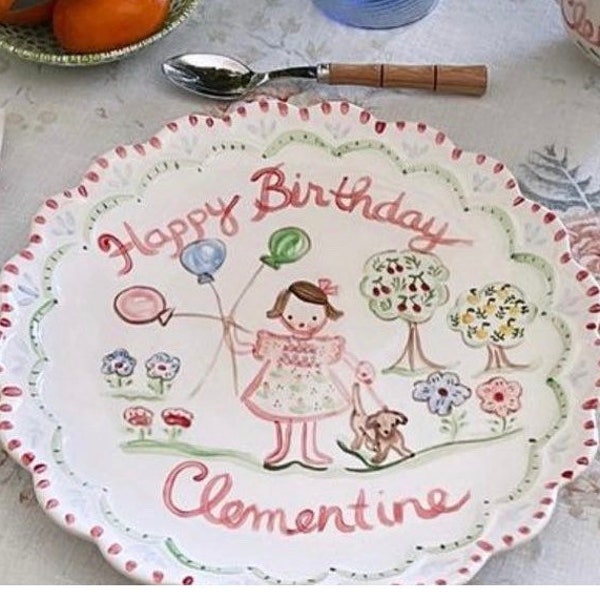 Scalloped Birthday Plate, Childs Ceramic 10" Family Birthday Dinner Plate ,Handpainted Plate ,Personalized