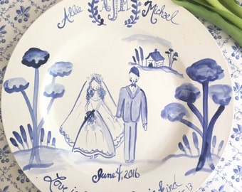 Custom Wedding Plate, Gift for Newly Weds ,Handpainted ,Blue and White Wedding Plate