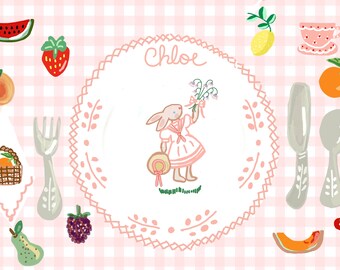 Bunny Girl With Fruit  Laminated Placemat,Table Decor , personalized ,Collaboration with Land of Bebe,