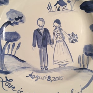 Custom Wedding Plate, Gift for Newly Weds ,Handpainted ,Blue and White Wedding Plate image 1