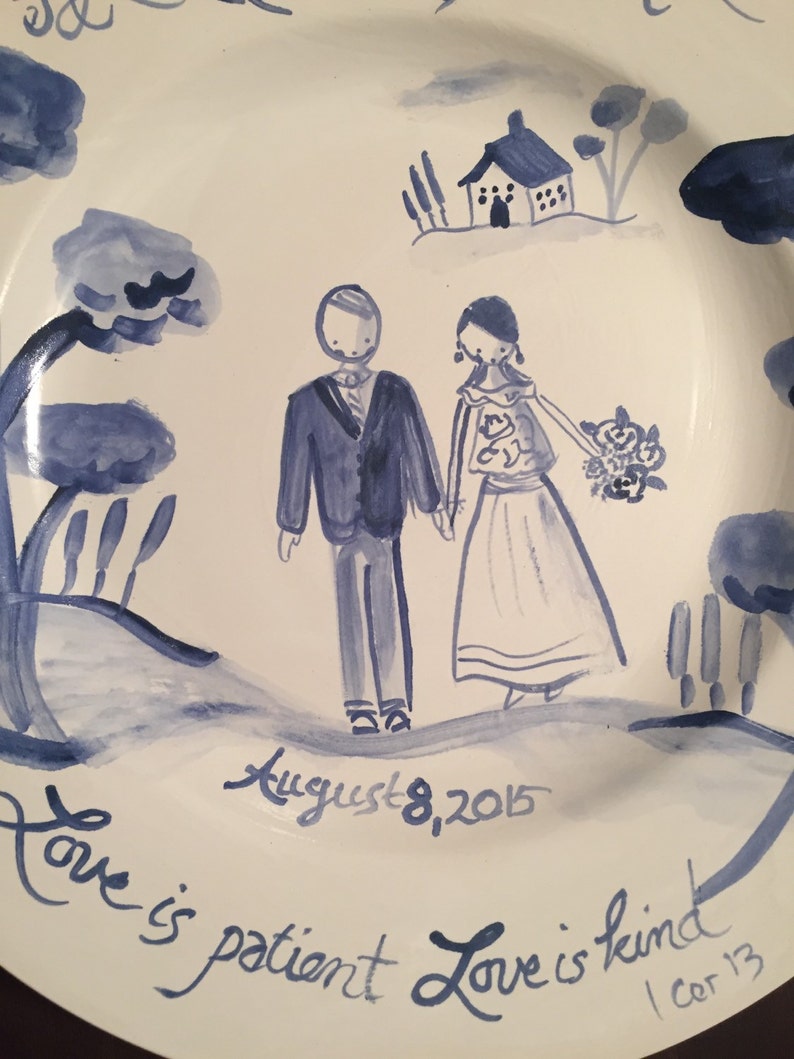 Custom Wedding Plate, Gift for Newly Weds ,Handpainted ,Blue and White Wedding Plate image 1