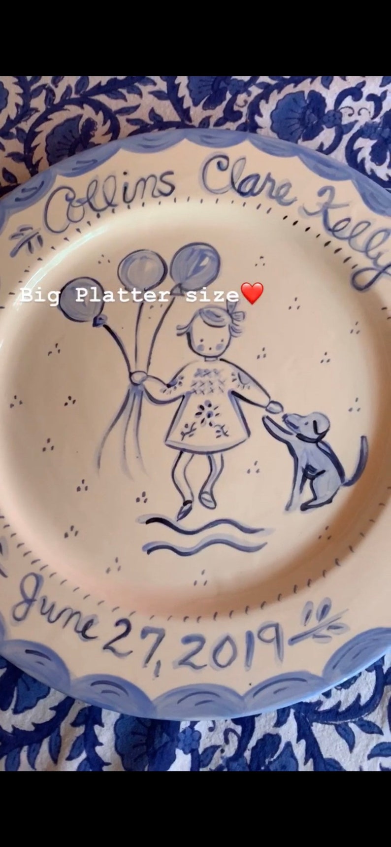 Personalized Birthday Plate,Baby Plate,Handpainted ,Personalized Gift for Baby, Baptism gift , Christening gift,Blue and White Plate image 2