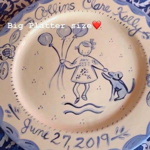 Personalized Birthday Plate,Baby Plate,Handpainted ,Personalized Gift for Baby, Baptism gift , Christening gift,Blue and White Plate image 4