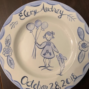 Personalized Birthday Plate,Baby Plate,Handpainted ,Personalized Gift for Baby, Baptism gift , Christening gift,Blue and White Plate image 1