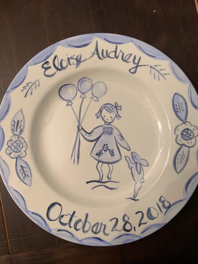 Personalized Birthday Plate,Baby Plate,Handpainted ,Personalized Gift for Baby, Baptism gift , Christening gift,Blue and White Plate image 1