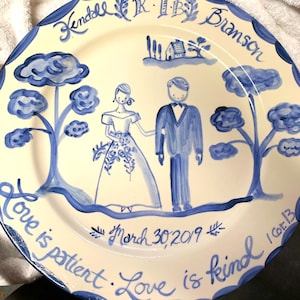 Handmade Custom Platter Personalized Platter – Round Blue White Portrait Handpainted Newlyweds – Custom Gift Wedding Gift Gift For Her