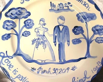 Handmade Custom Platter Personalized Platter – Round Blue White Portrait Handpainted Newlyweds – Custom Gift Wedding Gift Gift For Her