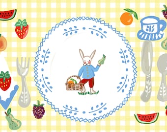 Yellow Checked Bunny, Laminated Placemat,Table Decor , personalized