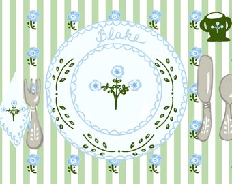 Pale Green Striped Block Print Laminated Placemats,Table Decor , personalized ,Collaboration with Land of Bebe,