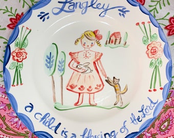 Children's  ceramic Plate,Handpainted ,Personalized Gift  ,Baptism gift , Christening gift,