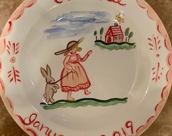 Childs Plate, Ceramic, Girl with Rabbit and Cross Dinner Plate ,Handpainted ,Personalized Gift for Boy ,Baptism gift , Christening gift,