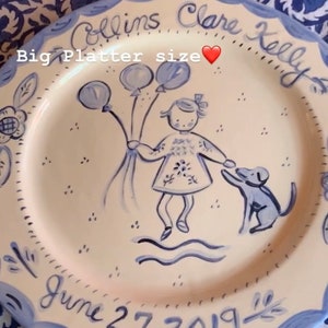 Personalized Birthday Plate,Baby Plate,Handpainted ,Personalized Gift for Baby, Baptism gift , Christening gift,Blue and White Plate image 3