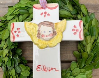 ANgel Cross Ornament, Babys First Christmas Ornament, cradle Cross, ceramic Baby Ornament Christening Gift, Baptism Gift