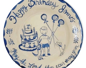 Birthday Plate Custom Birthday Personalized Plate – James Balloons, Cake, Dogs, Handpainted, Personalized, Made Order, First Party – Kids
