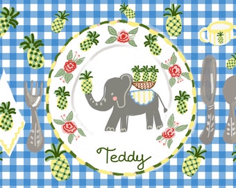 Laminated Placemats,  Elephant and Pineapple, Double sided, Placemats,  Table Decor , personalized ,Collaberation with Land of Bebe,