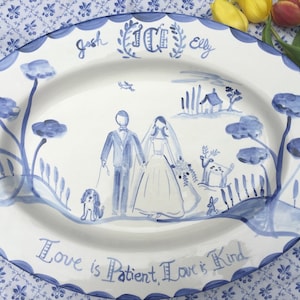 Ceramic Wedding Platter, Blue and White ,Wedding Gift ,Personalized Wedding Portrait, Handpainted Wedding Platter, Gift for Newlywed