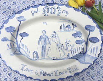 Ceramic Wedding Platter, Blue and White ,Wedding Gift ,Personalized Wedding Portrait, Handpainted Wedding Platter, Gift for Newlywed