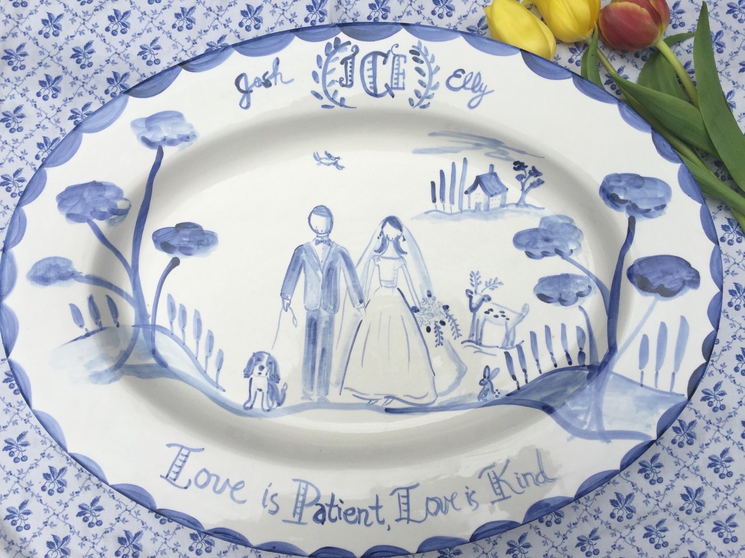 Ceramic Wedding Platter Blue and White Wedding Gift Personalized Wedding Portrait Handpainted Wedding Platter Gift for Newlywed