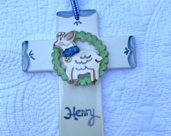 Lamb Cross Ornament - blue