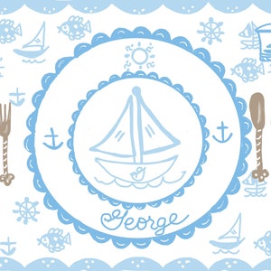 Collaboration with Born on Fifth, Laminated Placemat, Personalized Placemat, Pastel Sailboat Print