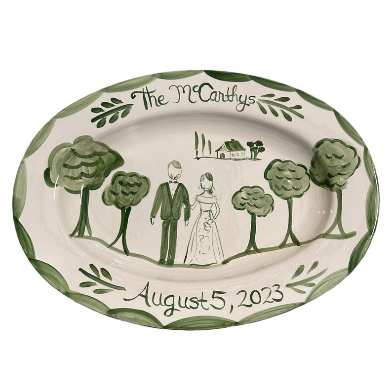 10" Custom Bride and Groom Plate, Gift for Newlyweds, Handpainted, Green and White Wedding Plate