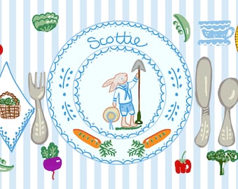 Bunny in Vegetable Garden Laminated Placemat,Table Decor , personalized ,Collaboration with Land of Bebe,
