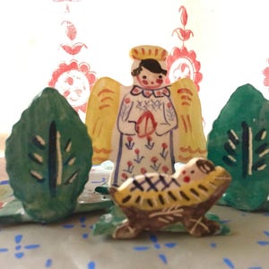 Small Nativity Set, Handmade Ceramic Creche, Christmas Angel and Baby Jesus, Unique Original Nativity