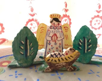 Small Nativity Set, Handmade Ceramic Creche, Christmas Angel and Baby Jesus, Unique Original Nativity