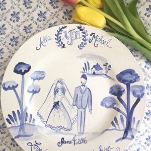 Custom Wedding Plate, Gift for Newly Weds ,Handpainted ,Blue and White Wedding Plate image 3