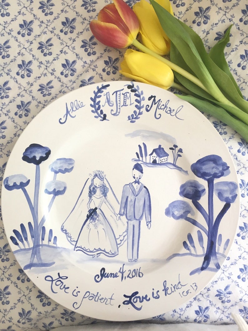 Custom Wedding Plate, Gift for Newly Weds ,Handpainted ,Blue and White Wedding Plate image 3