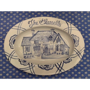 Custom Platter with Home , Blue and White Gift Personalized , Handpainted Platter