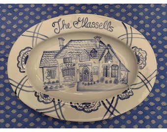 Custom Platter with Home , Blue and White Gift Personalized , Handpainted Platter
