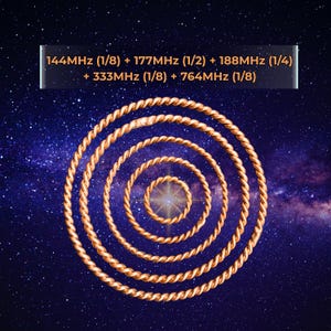 May include: Five concentric copper-colored twisted wire rings arranged in a circular pattern. The text above reads: 144MHz (1/8) + 177MHz (1/2) + 188MHz (1/4) + 333MHz (1/8) + 764MHz (1/8). The rings have a metallic, textured, rope-like appearance.