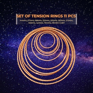 Puede incluir: Un conjunto de 11 anillos de tensión de alambre trenzado color cobre de diámetros variables. El texto dice: SET OF TENSION RINGS 11 PCS, 144MHz, 177MHz, 188MHz, 222MHz, 255MHz, 262MHz, 272MHz, 333MHz, 443MHz, 764MHz, REMEN CUBIT.