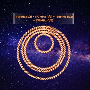 May include: Four copper-colored twisted wire rings of varying diameters arranged concentrically. The text 144MHz (1/2) + 177MHz (1/2) + 188MHz (1/2) + 333MHz (1/8) is displayed in orange above the rings against a dark blue starry background.