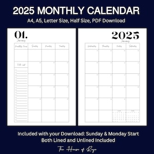Calendário mensal datado de 2025 em duas páginas, organizador mensal, agenda mensal, resumo do mês, A5, A4, tamanho carta dos EUA, meio tamanho
