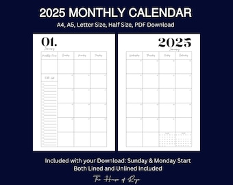 2025 datiert Monatskalender auf Zwei Seiten, Monatlicher Organizer, Monatliche Agenda, Monat auf einen Blick, A5, A4, US Letter Size, Halbe Größe
