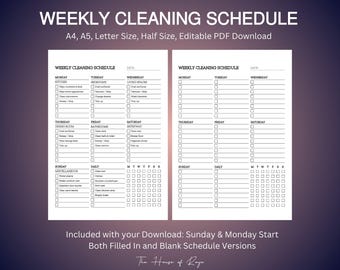 Weekly Cleaning Checklist, Cleaning Schedule, Cleaning ToDo List, Printable Cleaning Template, A4/A5/Letter/Half Size, Editable PDF Download