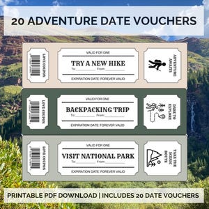 May include: Printable PDF download of 20 adventure date vouchers. Each voucher features a different outdoor activity, such as hiking, backpacking, and visiting a national park. The vouchers are designed with a rustic theme and include the text "Love Coupon" and "Expiration Date: Forever Valid".